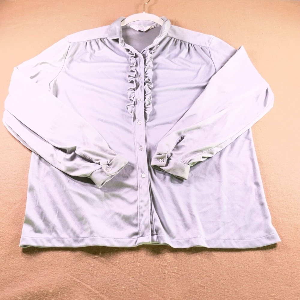 Vintage Sears Qiana Nylon Ruffle Front Blouse Grey Long Sleeve Button Down Sz 14